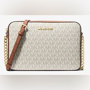 Michael Kors Jet Set Large Printed Logo Crossbody Bag Cream Brown